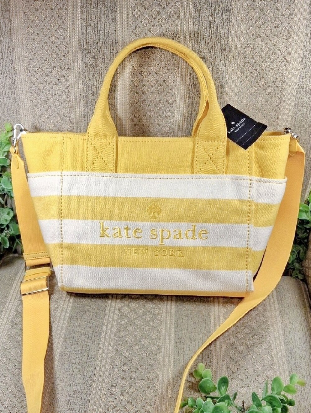 Kate Spade Small Jett Yellow Stripe Beach Time  Canvas Tote